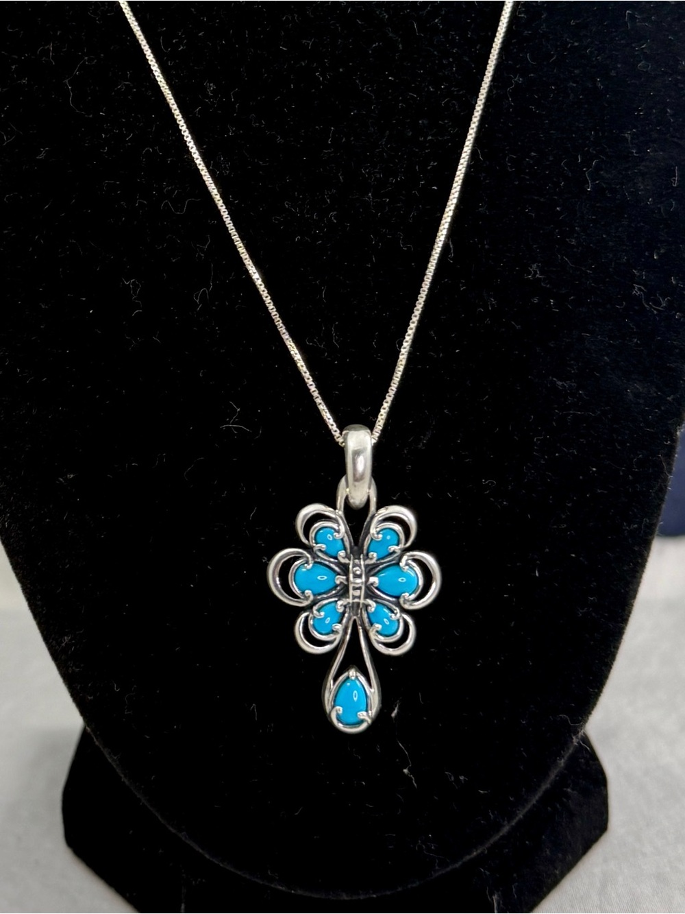 CAROLYN POLLACK Relios Sterling Silver Turquoise Flower Scroll Pendant Necklace